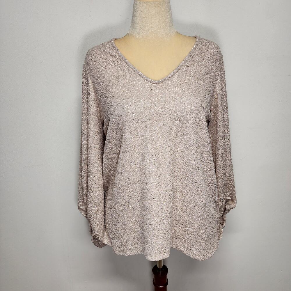 Beeson River Womens Gold Sparkle Blouse Size XL Balloon Sleeve V-neck Relaxed